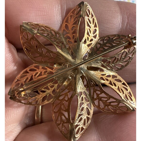 Masonic Eastern Star Enamel Brooch Pin Rhinestone Filigree Gold Tone Vintage - Picture 2 of 3